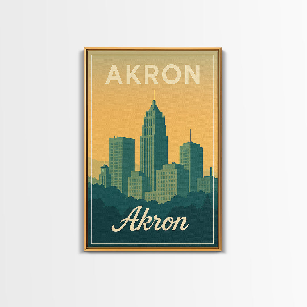 Akron Ohio Travel Poster, Canvas Print, Retro Sunset Skyline Art, Akron Travel Art, Fine Art Print, Mid Century Wall Art, Travel Decor