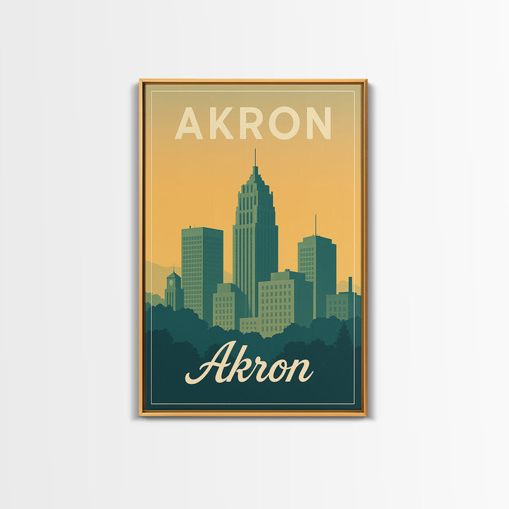 Akron Ohio Travel Poster, Canvas Print, Retro Sunset Skyline Art, Akron Travel Art, Fine Art Print, Mid Century Wall Art, Travel Decor