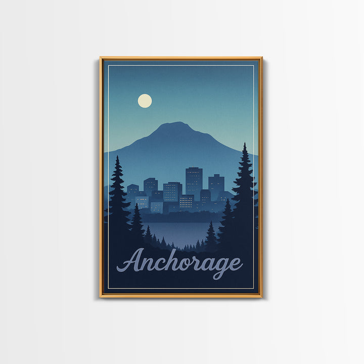 Anchorage Travel Poster, Framed Canvas Print, Retro Sunset Skyline Art, Anchorage City Art, Travel Poster Art, Travel Wall Decor