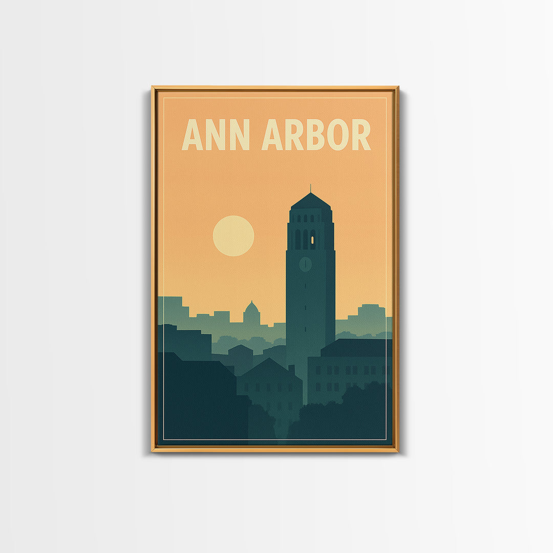 Ann Arbor Travel Poster, Framed Canvas Print, Retro Sunset Skyline Art, Ann Arbor Art Print, Travel Wall Art, City Art Print, Home Decor