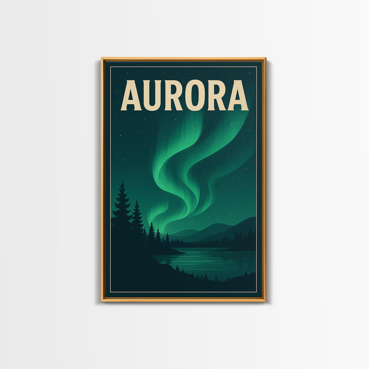 Aurora Travel Poster, Framed Canvas Print, Retro Sunset Skyline Art, Aurora Art Print, City Illustration, Vintage City Poster, Design 2