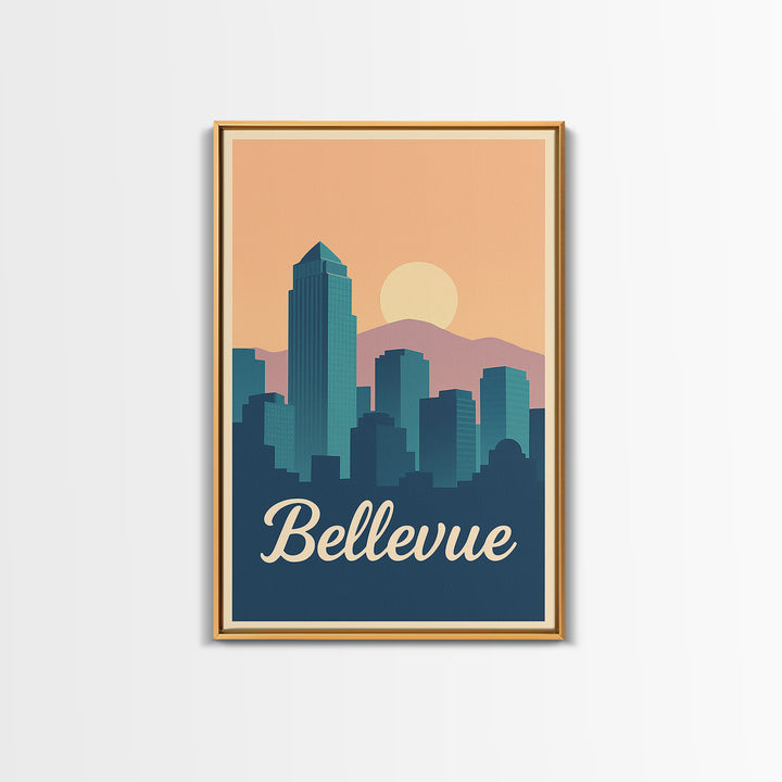 Bellevue Washington Travel Poster, Canvas Print, Retro Sunset Skyline Art, Bellevue Poster Print, Retro Travel Print, Art Print, Poster Art