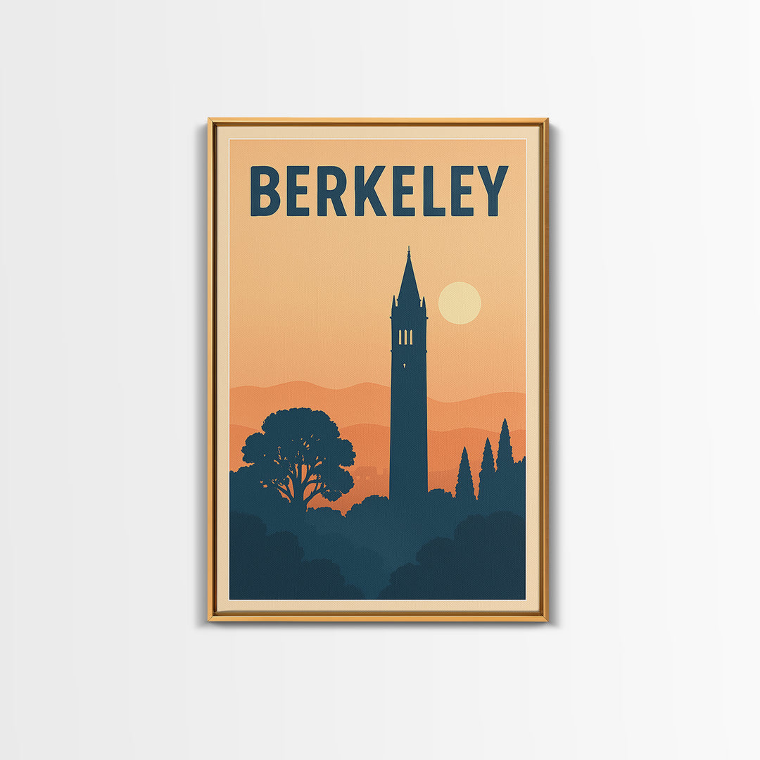 Berkeley Travel Poster, Framed Canvas Print, Retro Sunset Skyline Art, Berkeley Poster Print, Travel Wall Decor, Watercolor Urban Skyline