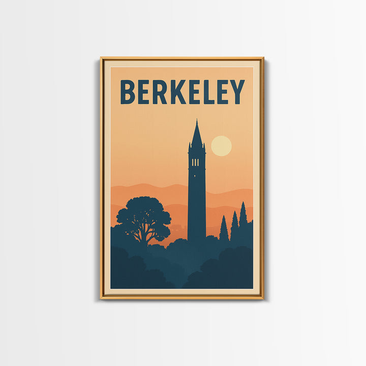 Berkeley Travel Poster, Framed Canvas Print, Retro Sunset Skyline Art, Berkeley Poster Print, Travel Wall Decor, Watercolor Urban Skyline