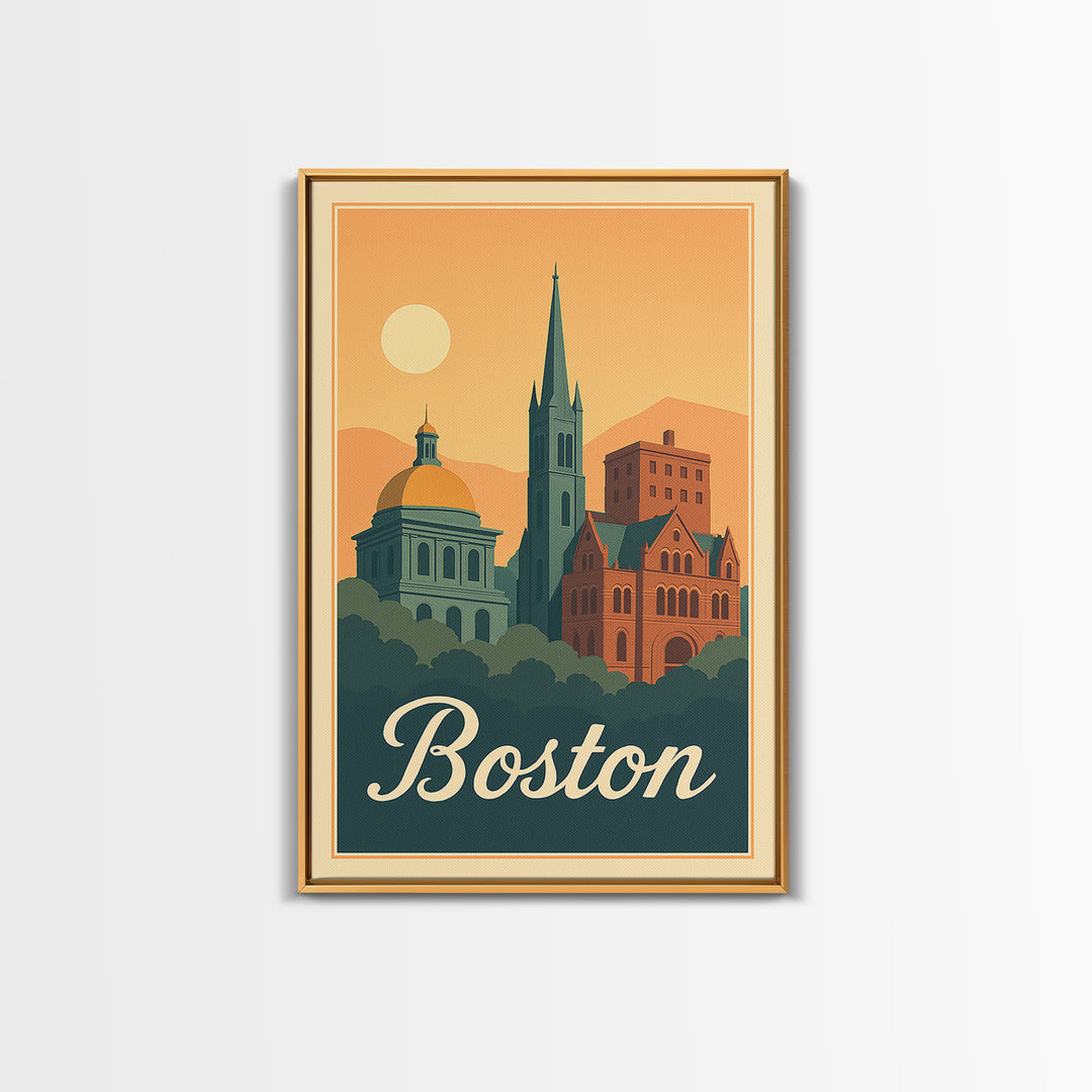 Boston Massachusetts Travel Poster, Framed Canvas Print, Retro Sunset Skyline Art, Boston Art Print, Mid Century Wall Art, City Illustration