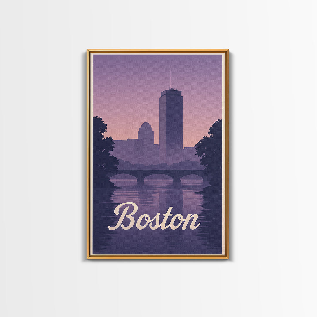 Boston Travel Poster, Canvas Print, Retro Sunset Skyline Art, Boston Travel Art, Living Room Wall Art, Vintage Travel Print, Travel Gift
