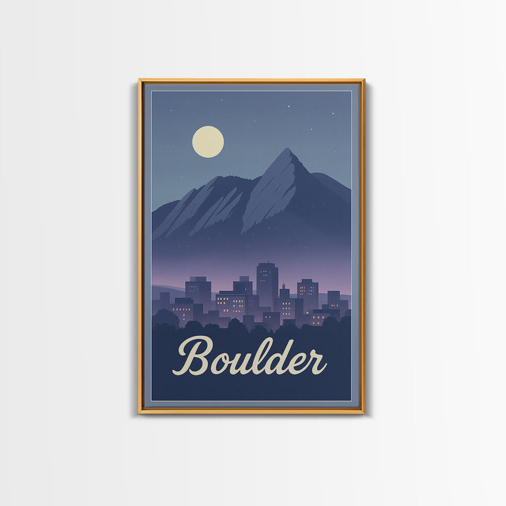 Boulder Travel Poster, Framed Canvas Print, Retro Sunset Skyline Art, Boulder Wall Art, Gift For Travelers, Modern Wall Decor, Wall Art