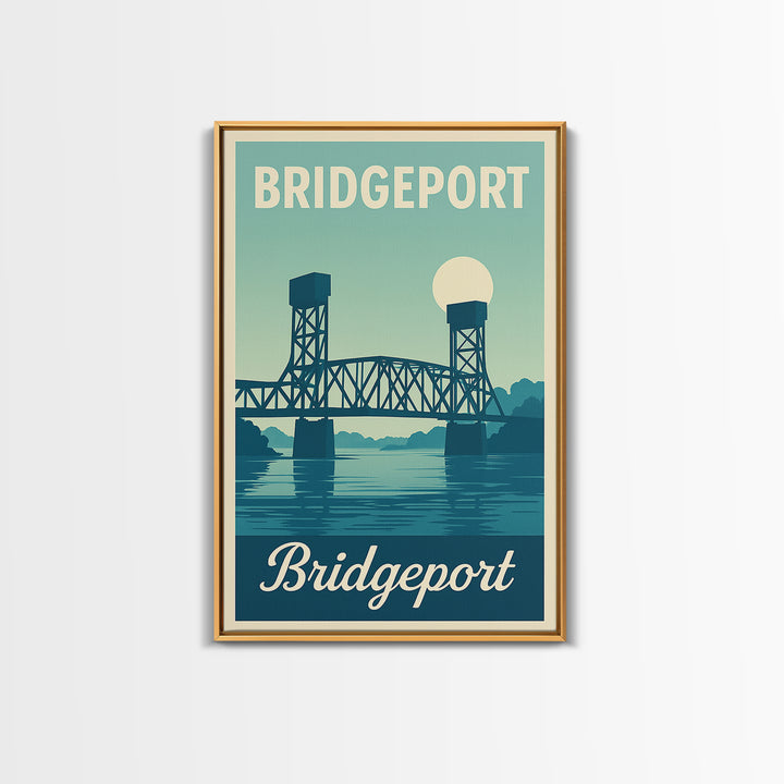 Bridgeport Connecticut Travel Poster, Canvas Print, Retro Sunset Skyline Art, Bridgeport Wall Art, City Travel Prints, Travel Poster Art