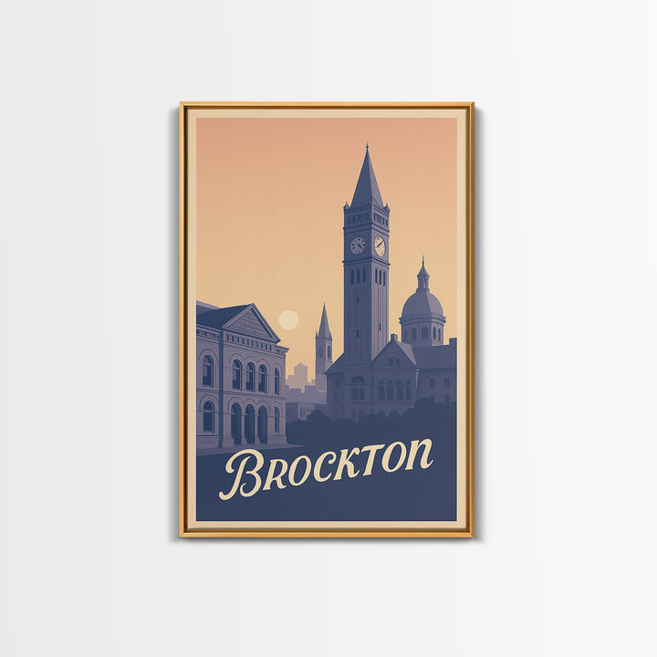 Brockton Travel Poster, Framed Canvas Print, Classic Travel Poster Art, Brockton Wall Art, Watercolor Urban Skyline, Fine Art Print