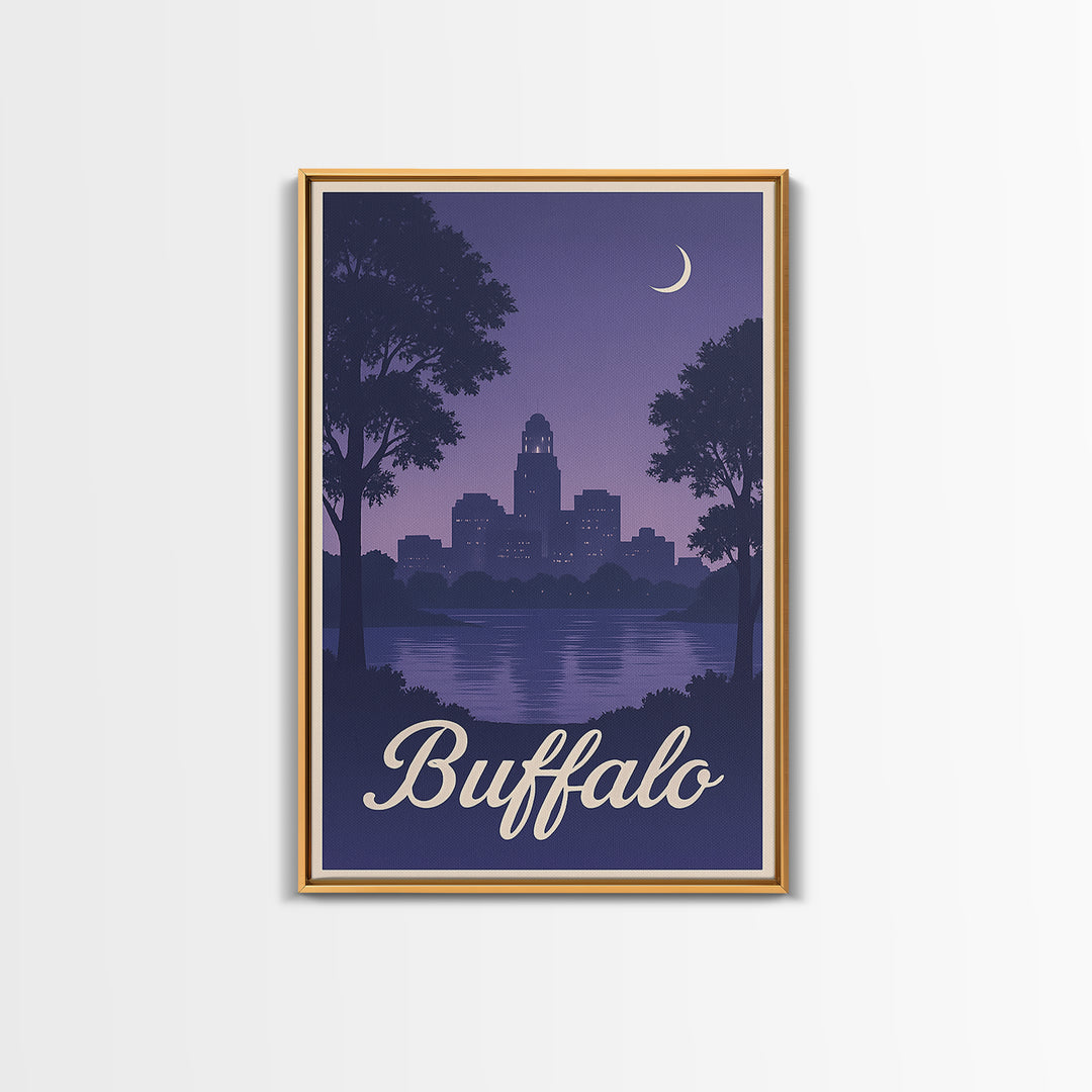Buffalo Travel Poster, Framed Canvas Print, Retro Sunset Skyline Art, Buffalo Travel Art, City Illustration, Travel Art Print, Design 2