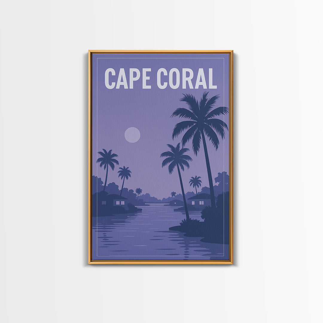 Cape Coral Florida Travel Poster, Framed Canvas Print, Retro Sunset Skyline Art, Cape Coral City Art, Fine Art Print, Mid Century Wall Art