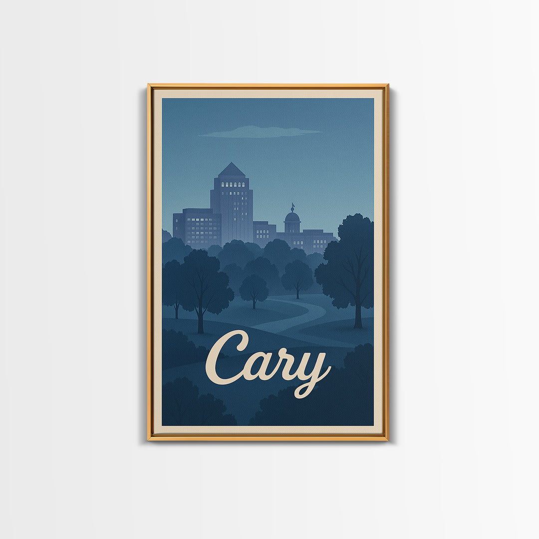 Cary Travel Poster, Framed Canvas Print, Mid Century City Wall Art, Cary Wall Art, Vintage Travel Print, Vintage City Art, City Poster