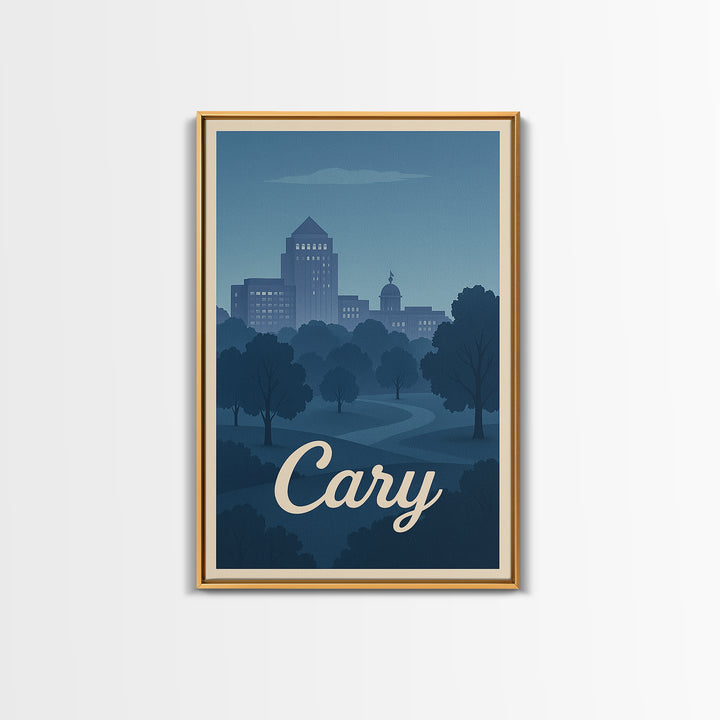Cary Travel Poster, Framed Canvas Print, Mid Century City Wall Art, Cary Wall Art, Vintage Travel Print, Vintage City Art, City Poster
