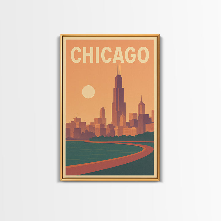 Chicago Illinois Travel Poster, Framed Canvas Print, Retro Sunset Skyline Art, Chicago Travel Art, Retro Travel Print, Home Office Decor