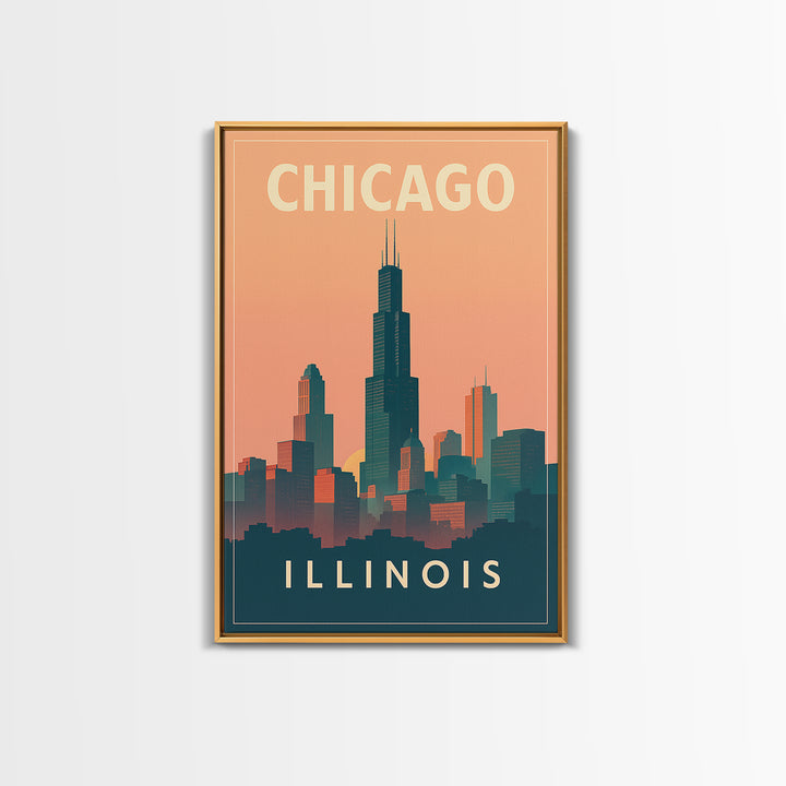 Chicago Travel Poster, Framed Canvas Print, Classic Travel Poster Art, Chicago Wall Art, Vintage City Poster, Mid Century Wall Art