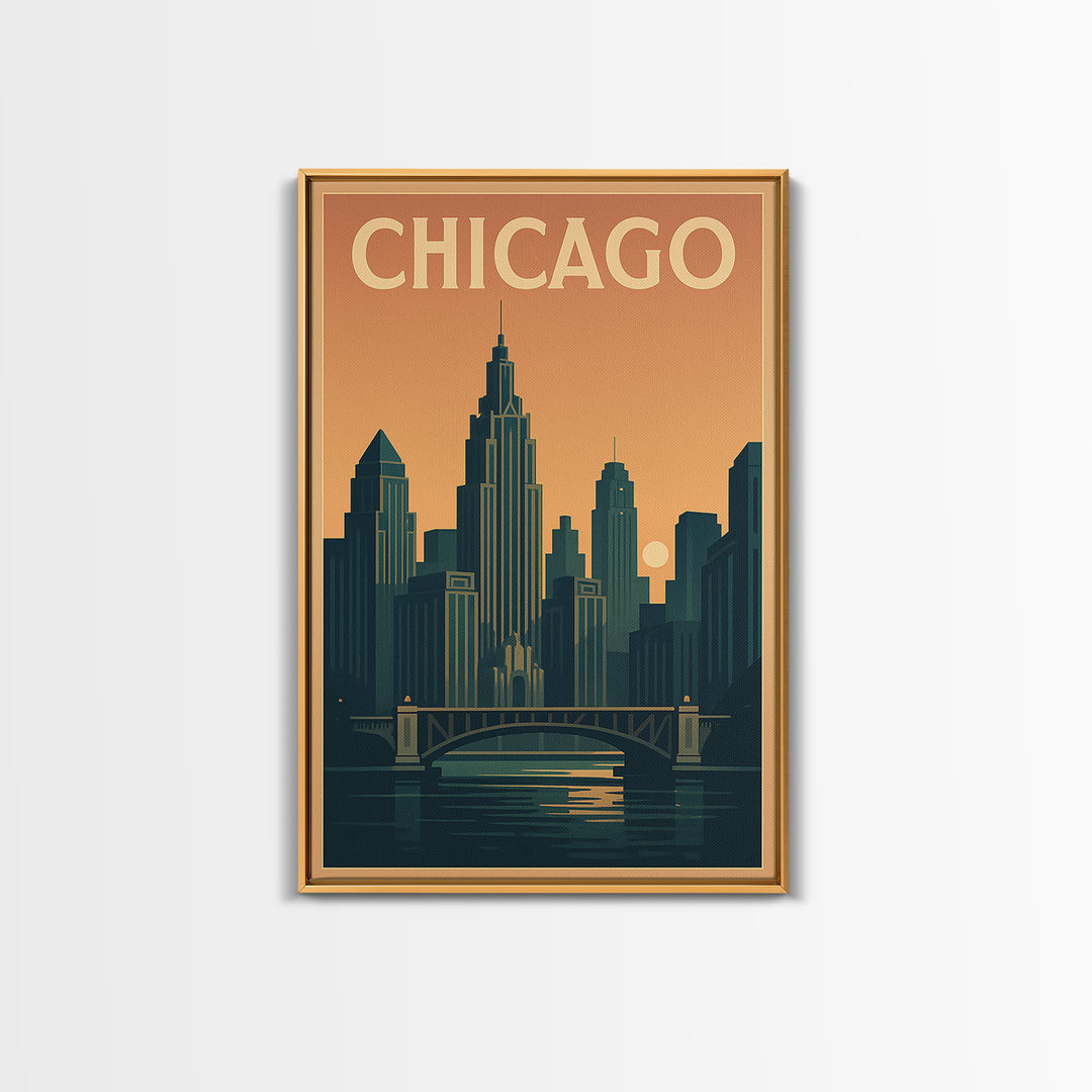 Chicago Travel Poster, Framed Canvas Print, Retro Sunset Skyline Art, Chicago Poster Print, Travel Poster Set, Vintage City Poster
