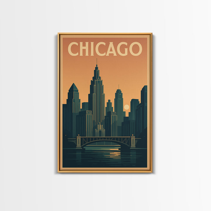 Chicago Travel Poster, Framed Canvas Print, Retro Sunset Skyline Art, Chicago Poster Print, Travel Poster Set, Vintage City Poster
