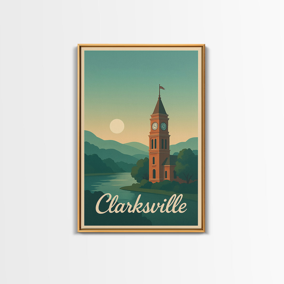 Clarksville Tennessee Travel Poster, Canvas Print, Mid Century City Wall Art, Clarksville Poster Print, Wall Decor, Mid Century Wall Art
