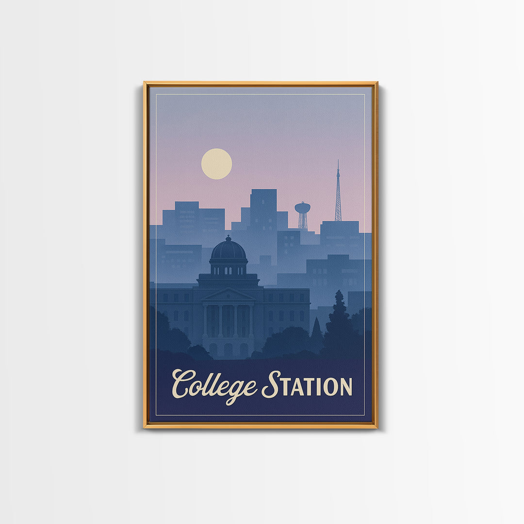 College Station Travel Poster, Framed Canvas Print, Retro Sunset Skyline Art, College Station City Art, Home Office Decor, Travel Art Print
