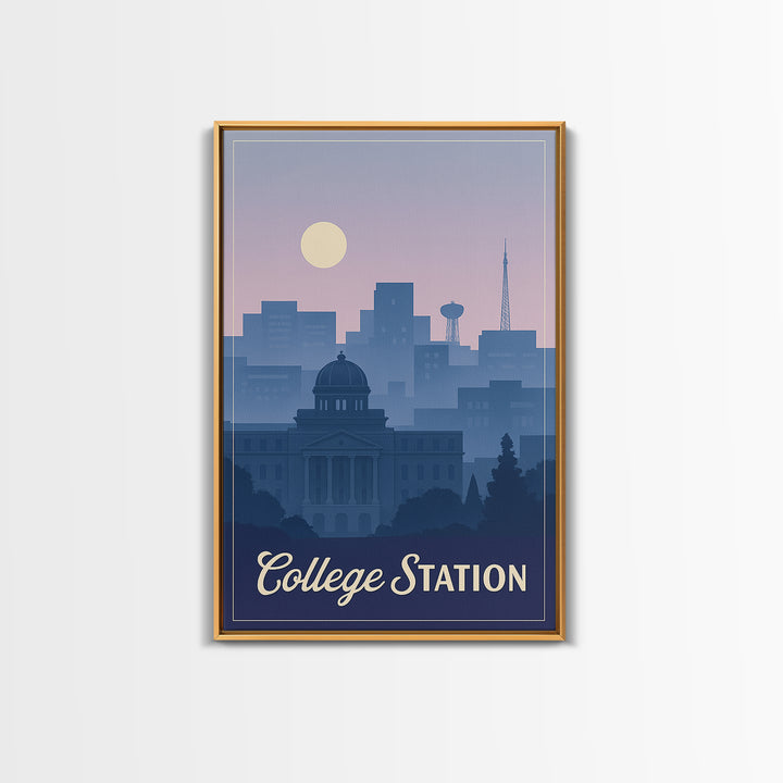 College Station Travel Poster, Framed Canvas Print, Retro Sunset Skyline Art, College Station City Art, Home Office Decor, Travel Art Print
