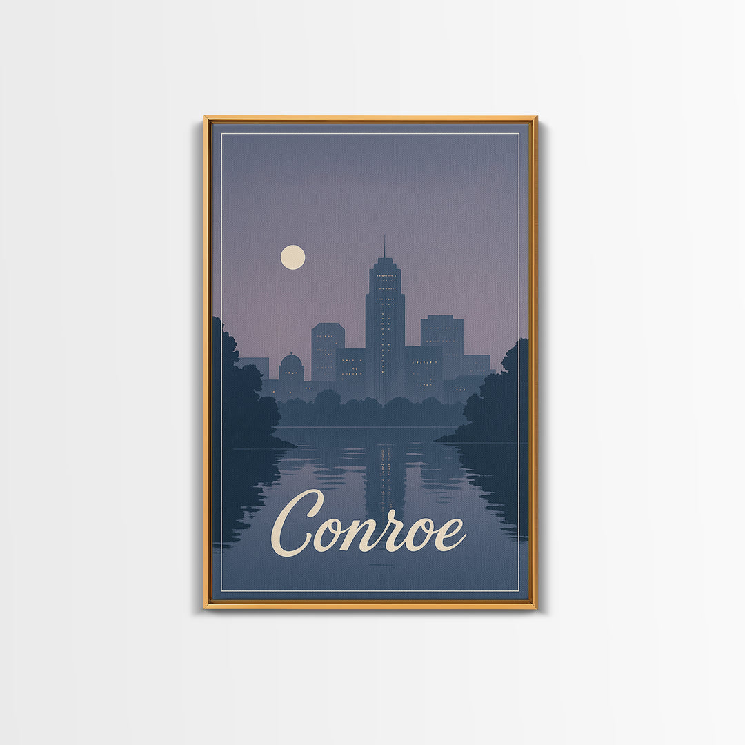 Conroe Travel Poster, Framed Canvas Print, Mid Century City Wall Art, Conroe Travel Art, Living Room Wall Art, Vintage City Poster