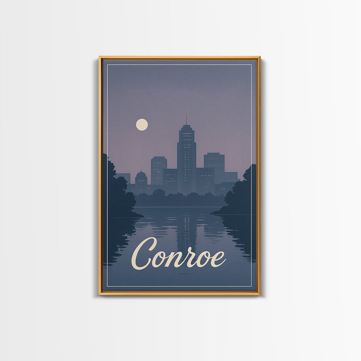 Conroe Travel Poster, Framed Canvas Print, Mid Century City Wall Art, Conroe Travel Art, Living Room Wall Art, Vintage City Poster