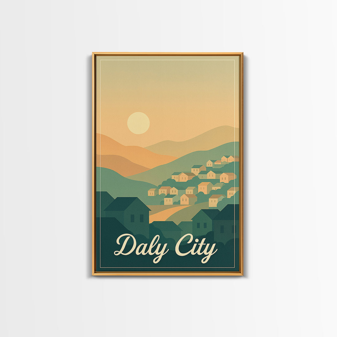 Daly City California Travel Poster, Canvas Print, Retro Sunset Skyline Art, Daly City Art Print, Gift For Travelers, Living Room Wall Art