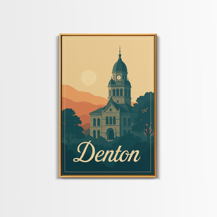 Denton Texas Travel Poster, Canvas Print, Retro Sunset Skyline Art, Denton Travel Art, Travel Poster Set, Wanderlust Decor, City Poster