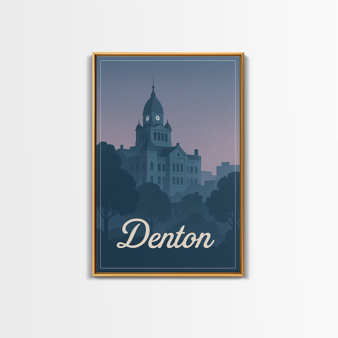 Denton Travel Poster, Framed Canvas Print, Retro Sunset Skyline Art, Denton Poster Print, Vintage Travel Art, City Travel Prints
