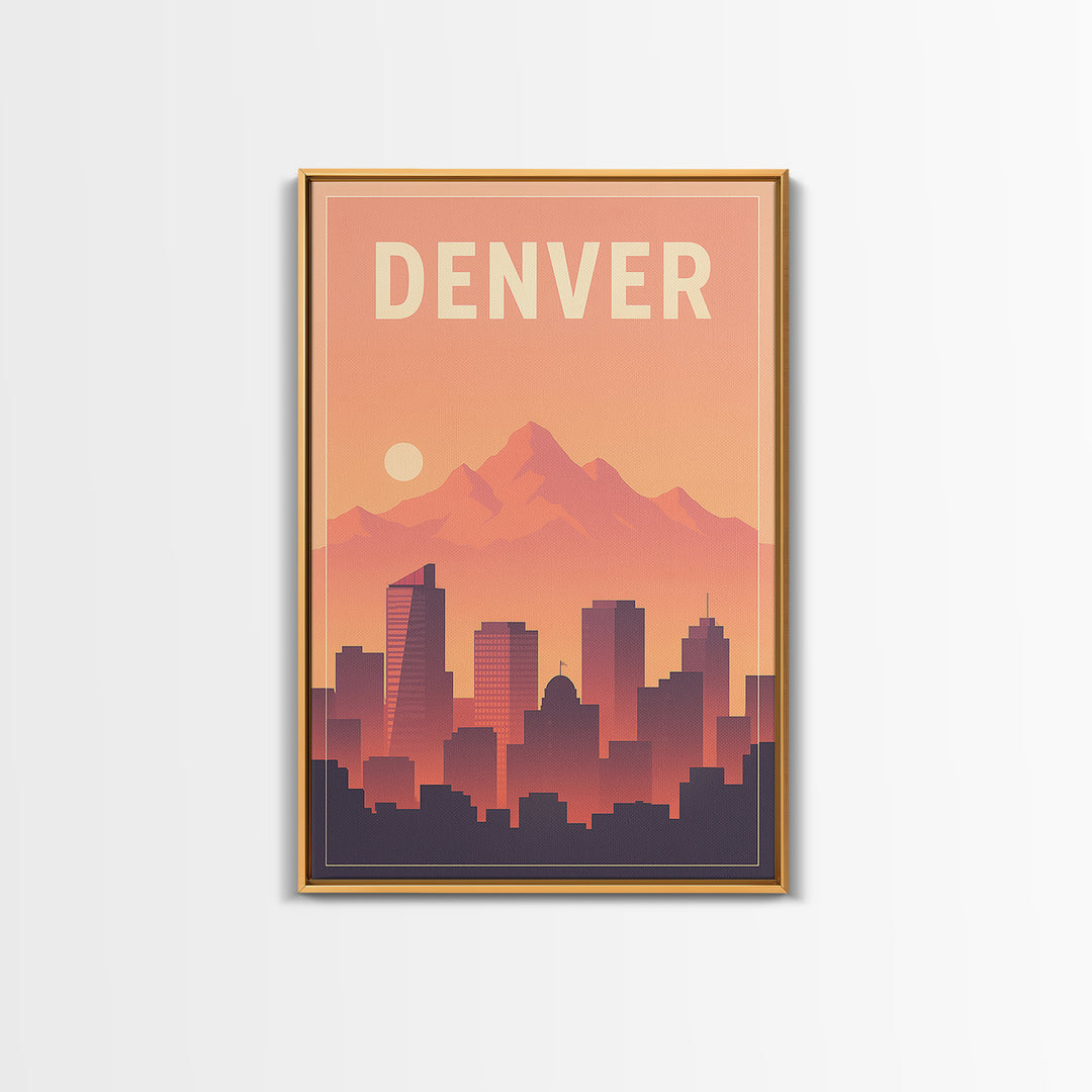 Denver Travel Poster, Framed Canvas Print, Retro Sunset Skyline Art, Denver Poster Print, Travel Poster Set, Travel Art Print, Wall Art