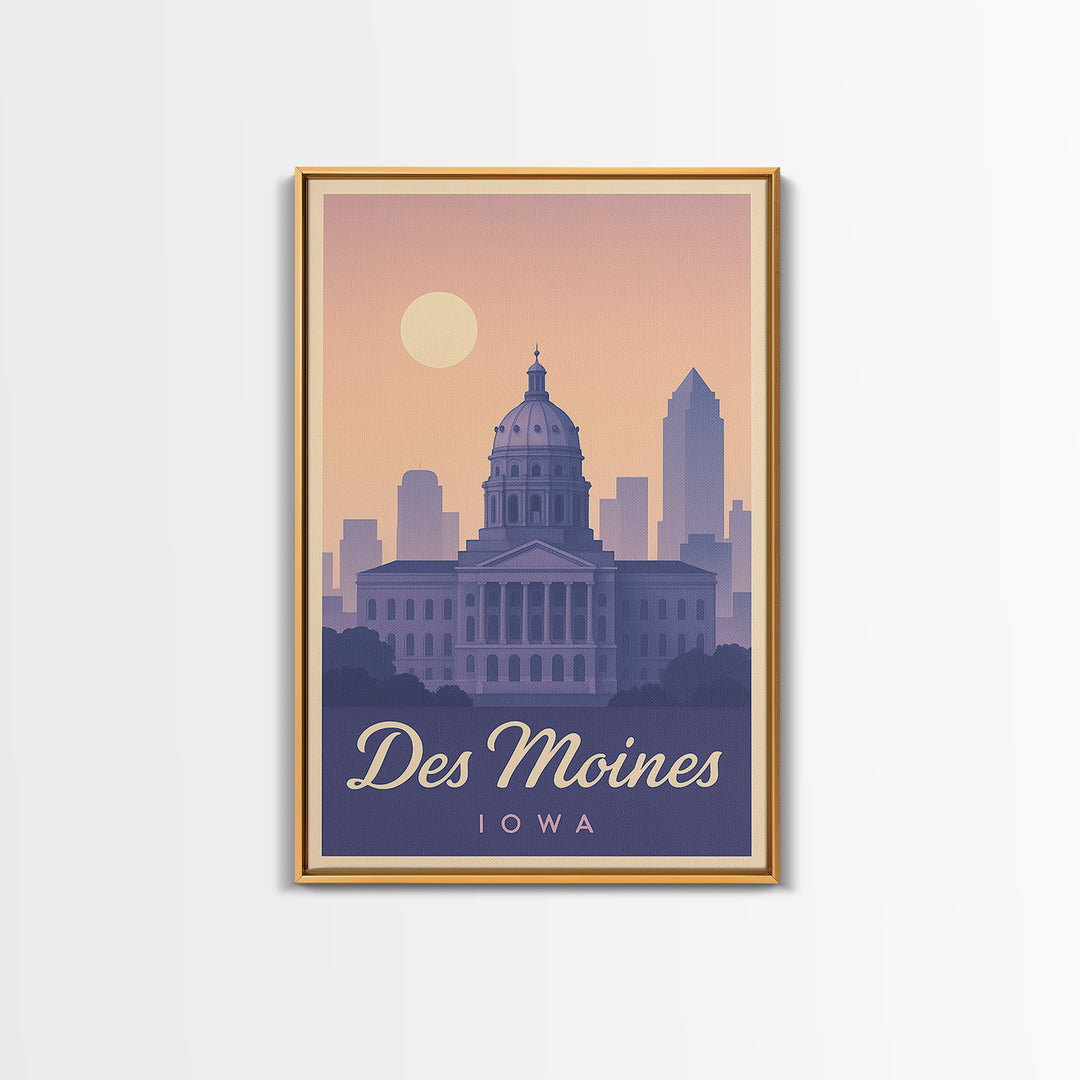 Des Moines Travel Poster, Framed Canvas Print, Retro Sunset Skyline Art, Des Moines Art Print, Vintage Travel Art, City Art Print