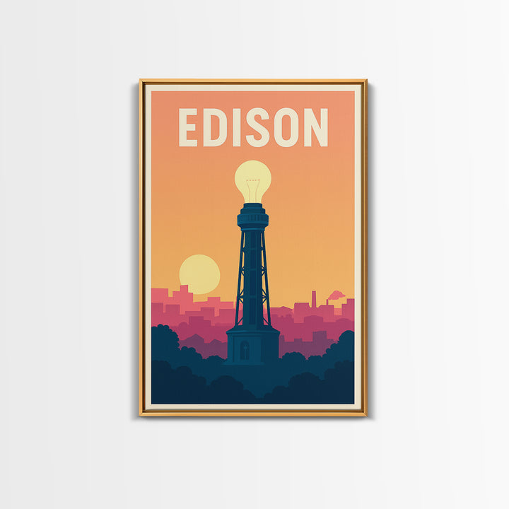 Edison Travel Poster, Framed Canvas Print, Mid Century City Wall Art, Edison Travel Art, Mid Century Wall Art, Watercolor Skyline