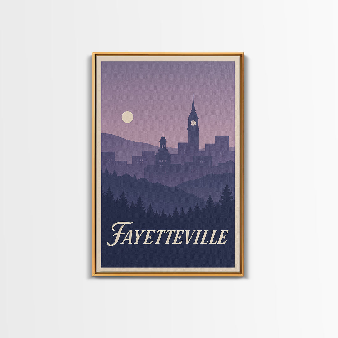 Fayetteville Travel Poster, Framed Canvas Print, Mid Century City Wall Art, Fayetteville Poster Print, Wanderlust Decor, Retro Travel Print