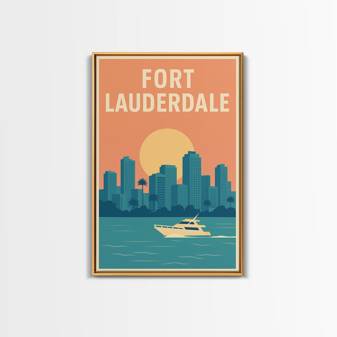 Fort Lauderdale Travel Poster, Framed Canvas Print, Retro Sunset Skyline Art, Fort Lauderdale Wall Art, Vintage Travel Print, Design 2