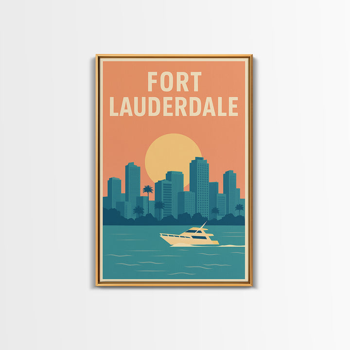 Fort Lauderdale Travel Poster, Framed Canvas Print, Retro Sunset Skyline Art, Fort Lauderdale Wall Art, Vintage Travel Print, Design 2