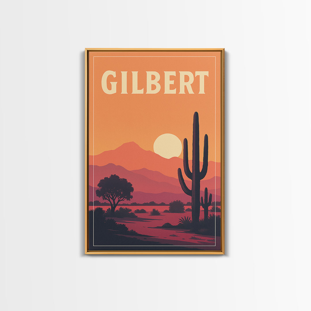 Gilbert Travel Poster, Canvas Print, Retro Sunset Skyline Art, Gilbert Wall Art, Travel Wall Decor, Wanderlust Decor, Fine Art Print