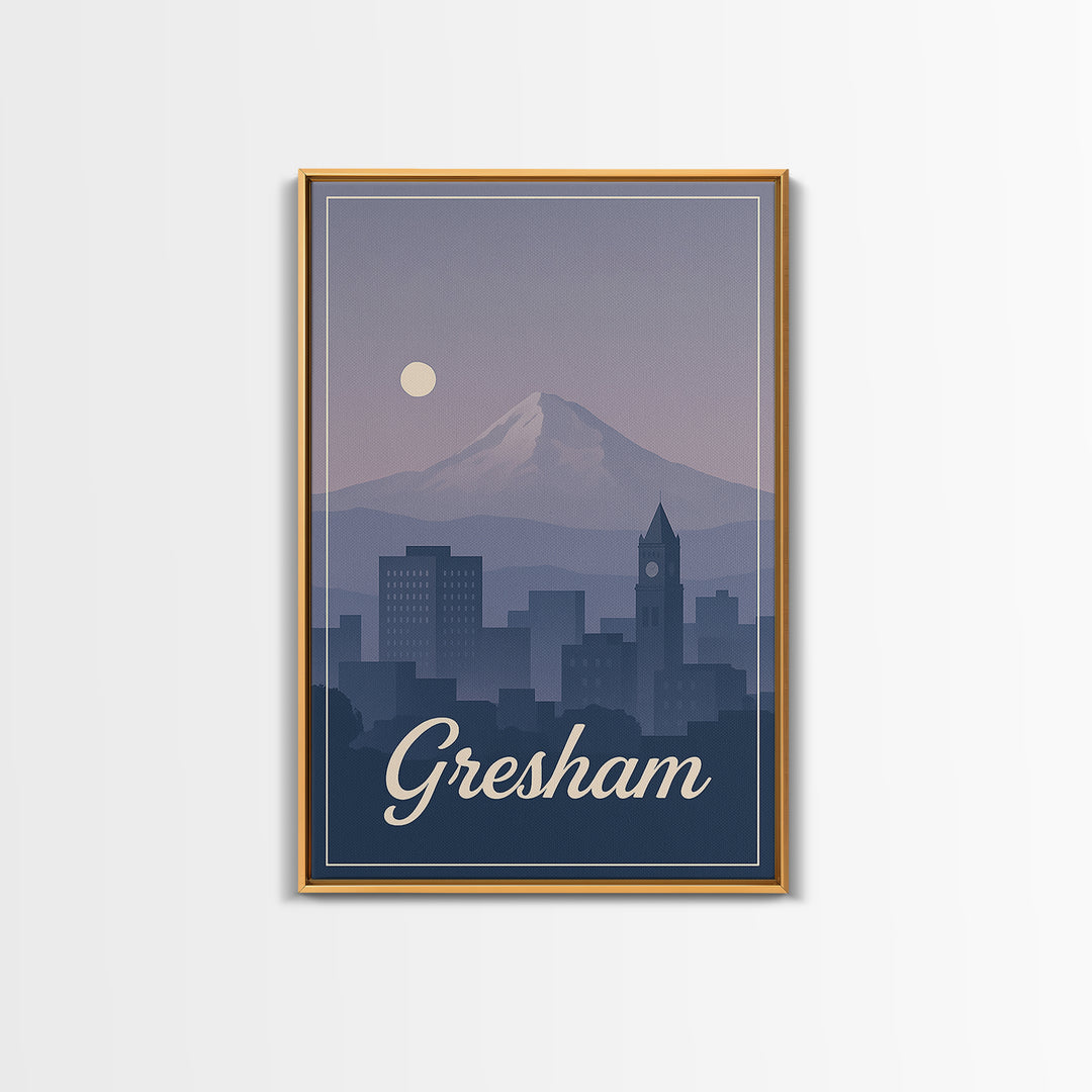 Gresham Travel Poster, Framed Canvas Print, Retro Sunset Skyline Art, Gresham Art Print, Travel Wall Art, Eclectic Wall Decor, Design 2