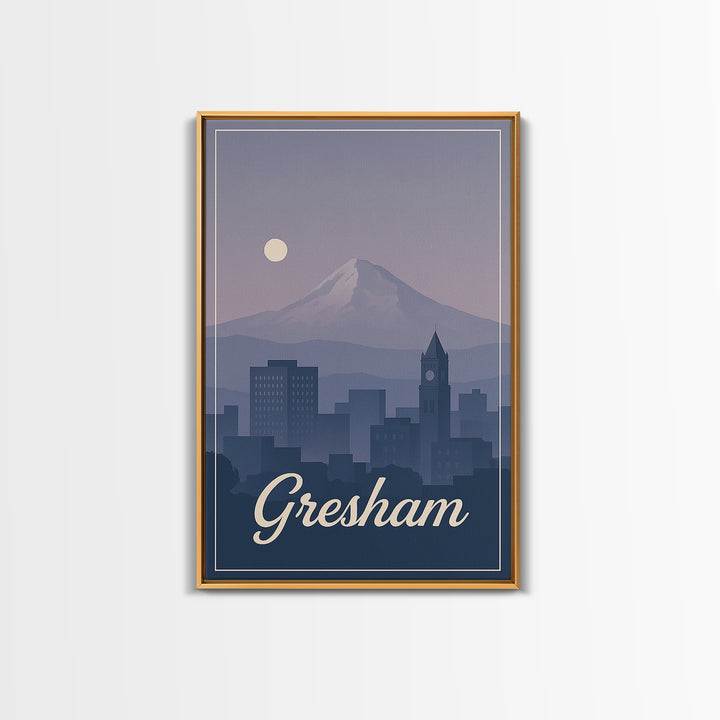 Gresham Travel Poster, Framed Canvas Print, Retro Sunset Skyline Art, Gresham Art Print, Travel Wall Art, Eclectic Wall Decor, Design 2