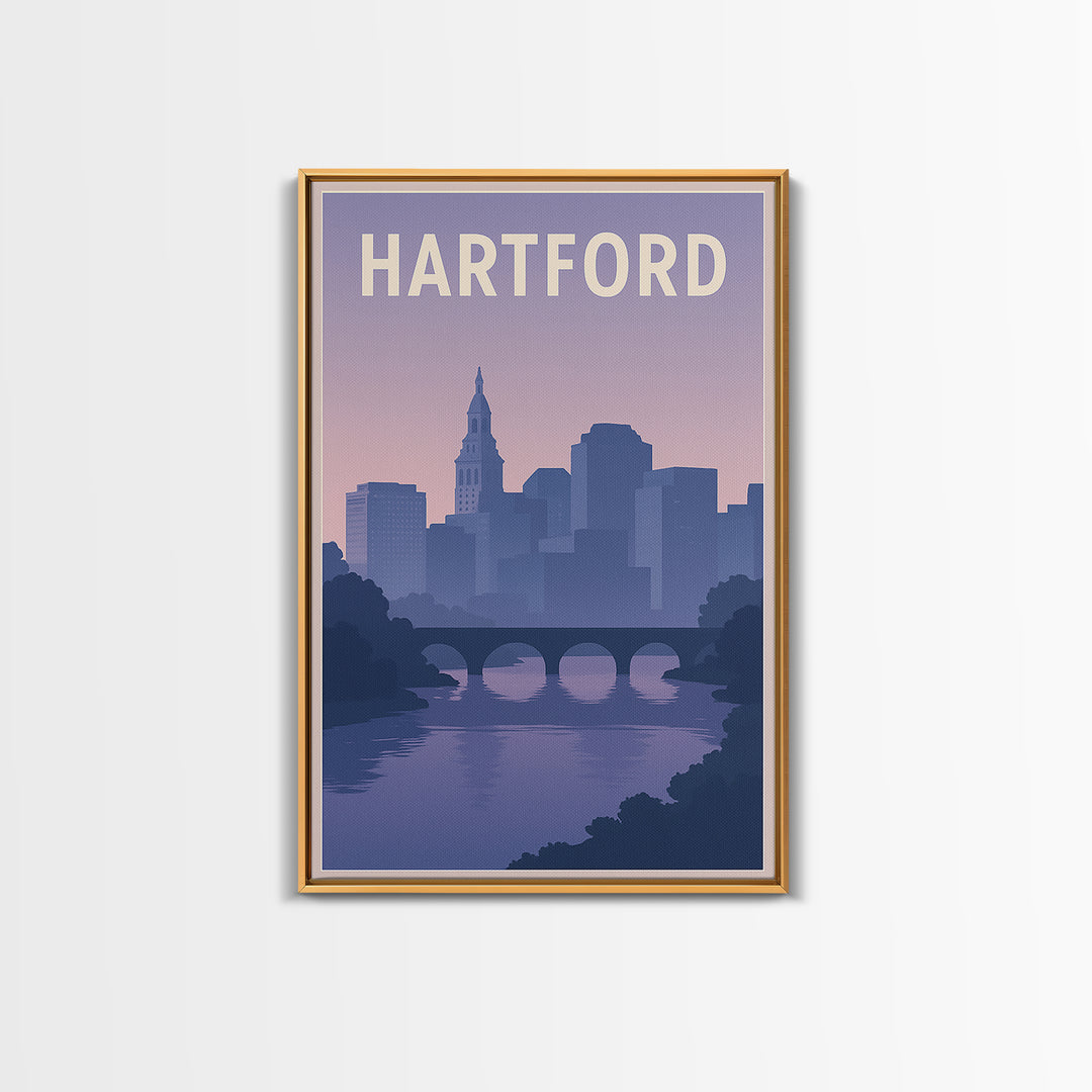 Hartford Travel Poster, Canvas Print, Retro Sunset Skyline Art, Hartford City Art, Travel Wall Decor, City Illustration, Travel Poster Art