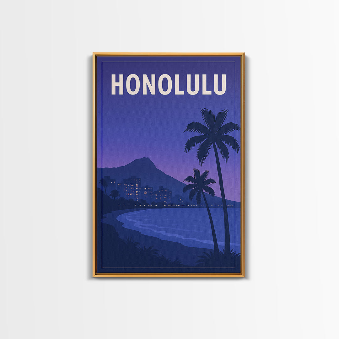 Honolulu Hawaii Travel Poster, Canvas Print, Retro Sunset Skyline Art, Honolulu Wall Art, Mid Century Wall Art, Living Room Wall Art