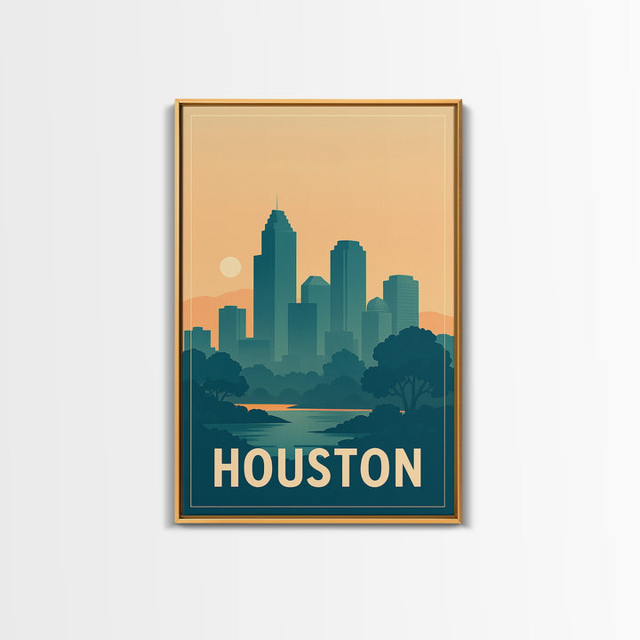 Houston Travel Poster, Framed Canvas Print, Retro Sunset Skyline Art, Houston Travel Art, Modern Wall Decor, Living Room Wall Art
