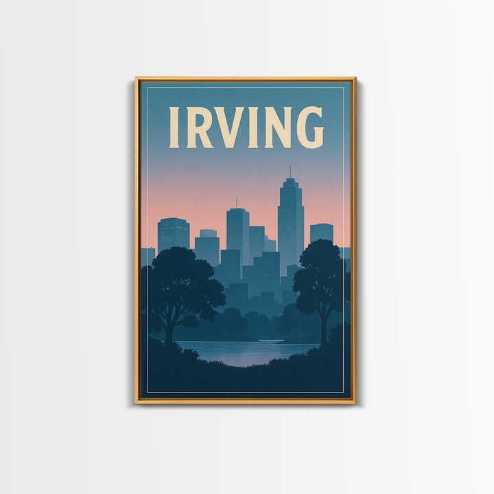 Irving Texas Travel Poster, Canvas Print, Retro Sunset Skyline Art, Irving Poster Print, Wall Decor, Mid Century Wall Art, Art Print