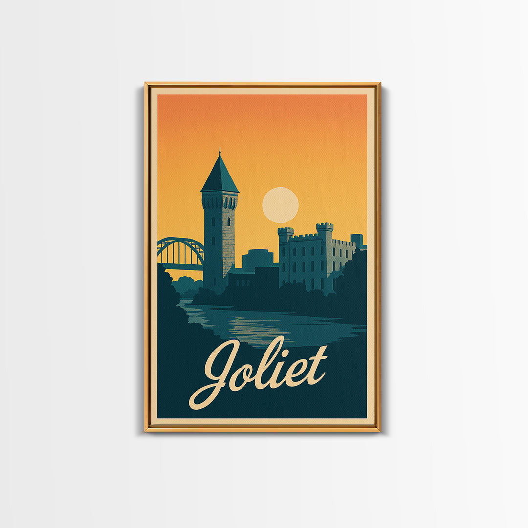Joliet Illinois Travel Poster, Canvas Print, Retro Sunset Skyline Art, Joliet Wall Art, Watercolor Skyline Art, Travel Wall Decor, Wall Art