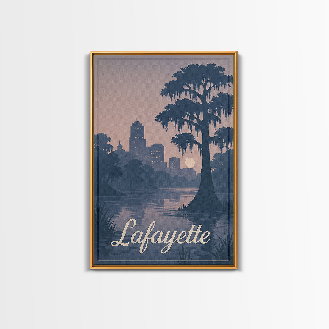 Lafayette Travel Poster, Framed Canvas Print, Retro Sunset Skyline Art, Lafayette Travel Art, Travel Poster Set, Vintage City Poster