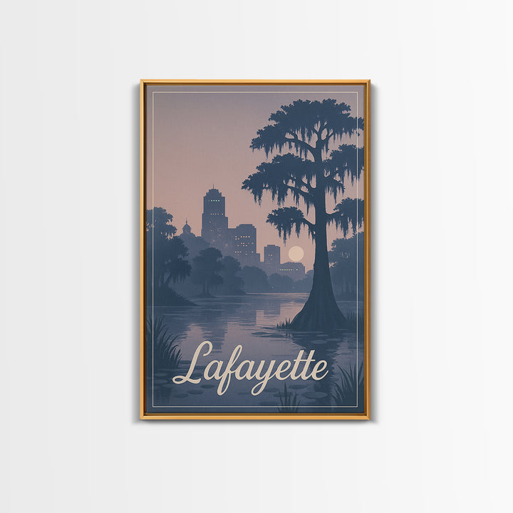 Lafayette Travel Poster, Framed Canvas Print, Retro Sunset Skyline Art, Lafayette Travel Art, Travel Poster Set, Vintage City Poster