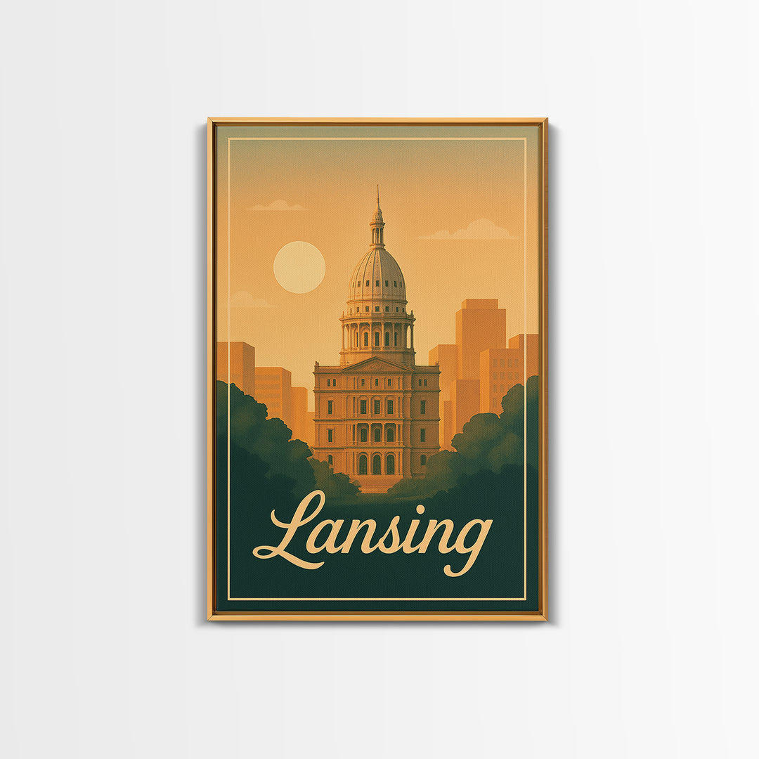 Lansing Michigan Travel Poster, Canvas Print, Classic Poster Art, Lansing City Art, City Illustration, Office Decor, Mid Century Wall Art