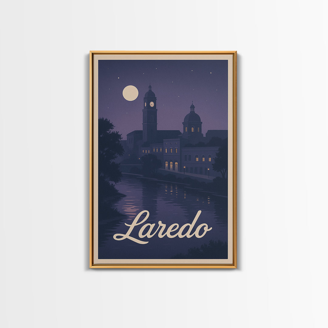 Laredo Travel Poster, Framed Canvas Print, Classic Travel Poster Art, Laredo Wall Art, Travel Wall Decor, Watercolor City Skyline