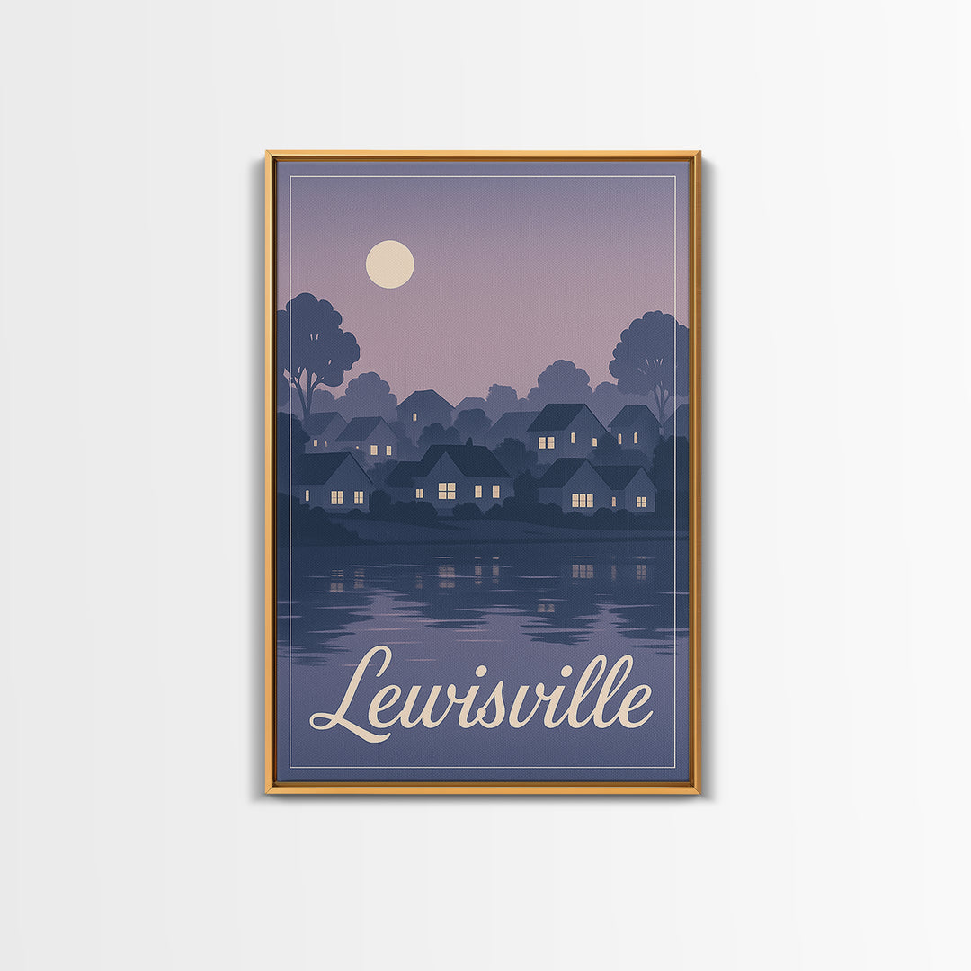 Lewisville Travel Poster, Framed Canvas Print, Retro Sunset Skyline Art, Lewisville Wall Art, Home Office Decor, Wanderlust Decor