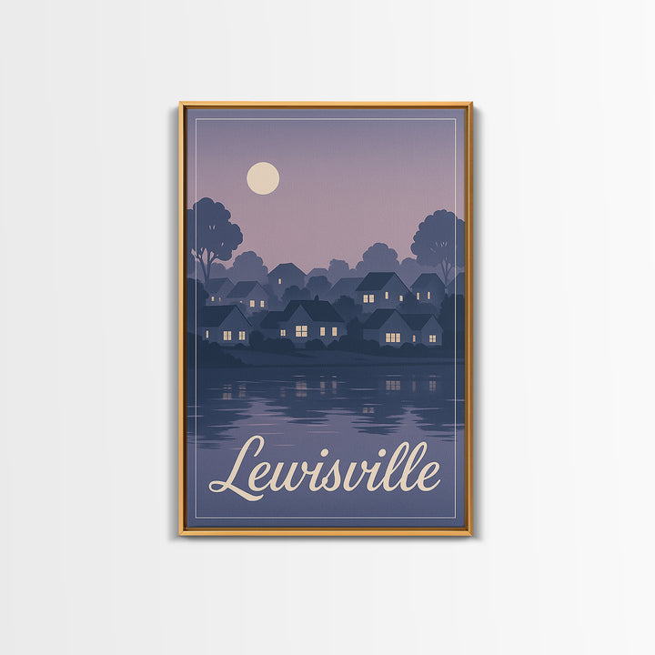 Lewisville Travel Poster, Framed Canvas Print, Retro Sunset Skyline Art, Lewisville Wall Art, Home Office Decor, Wanderlust Decor