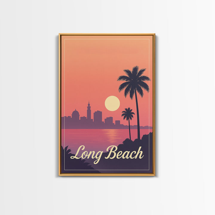 Long Beach California Travel Poster, Canvas Print, Retro Sunset Skyline Art, Long Beach Art Print, Vintage Travel Art, City Travel Prints